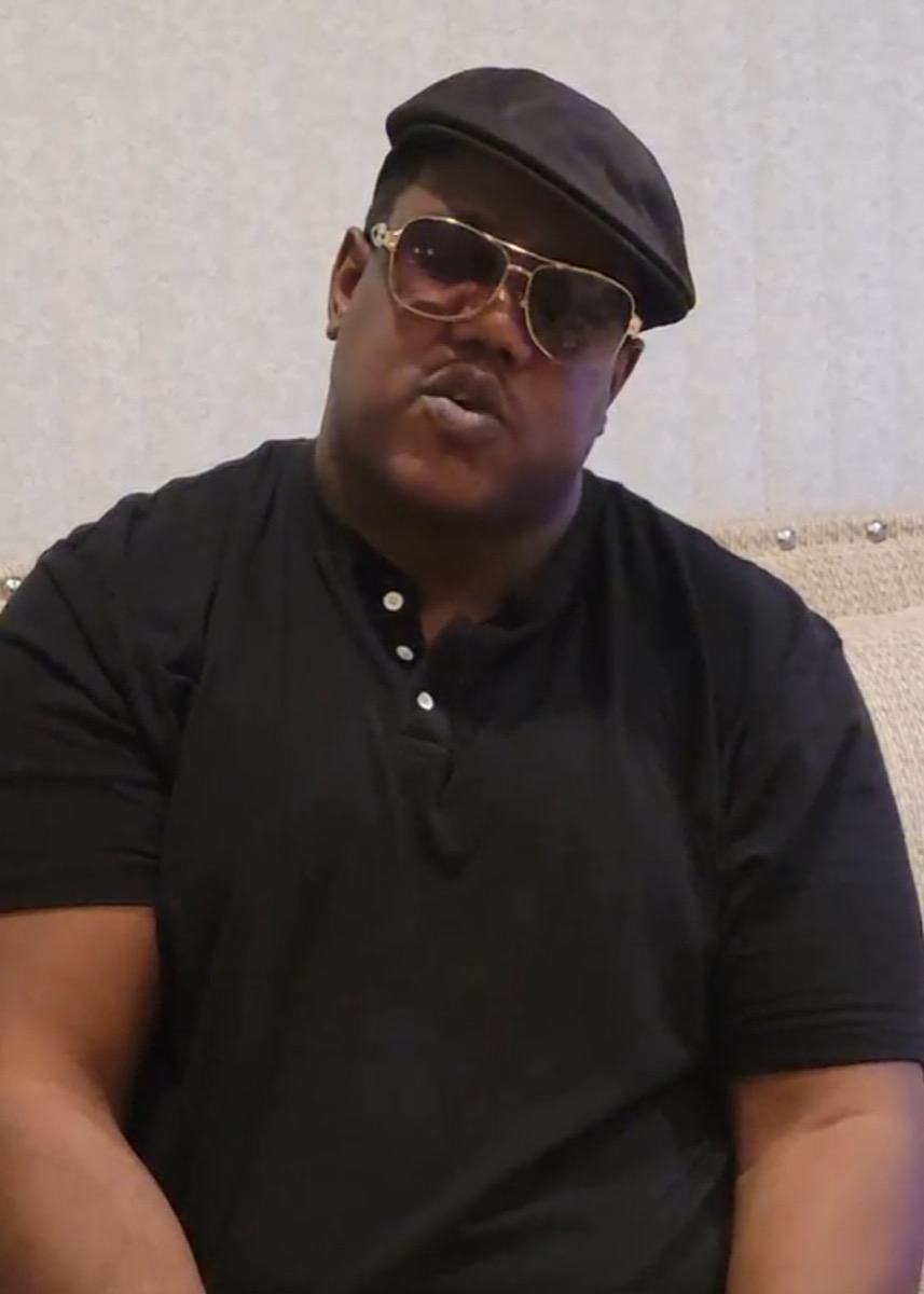 Edward Williams III as the Notorious B.I.G. in a closeup portrait